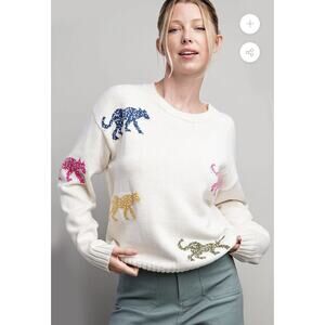 NWT Multi Leopard Knit Sweater In Cream Color Size Large